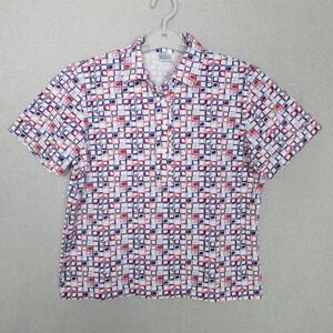 Leon Levin Womens Polo Shirt Geometric Print Short Sleeve Button Up Size M